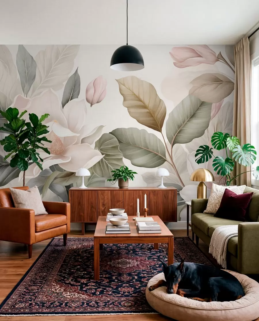 wall murals Magnolia flowers with leaves in pastel colors, white, pink and green, soft, delicate, watercolor style w09427