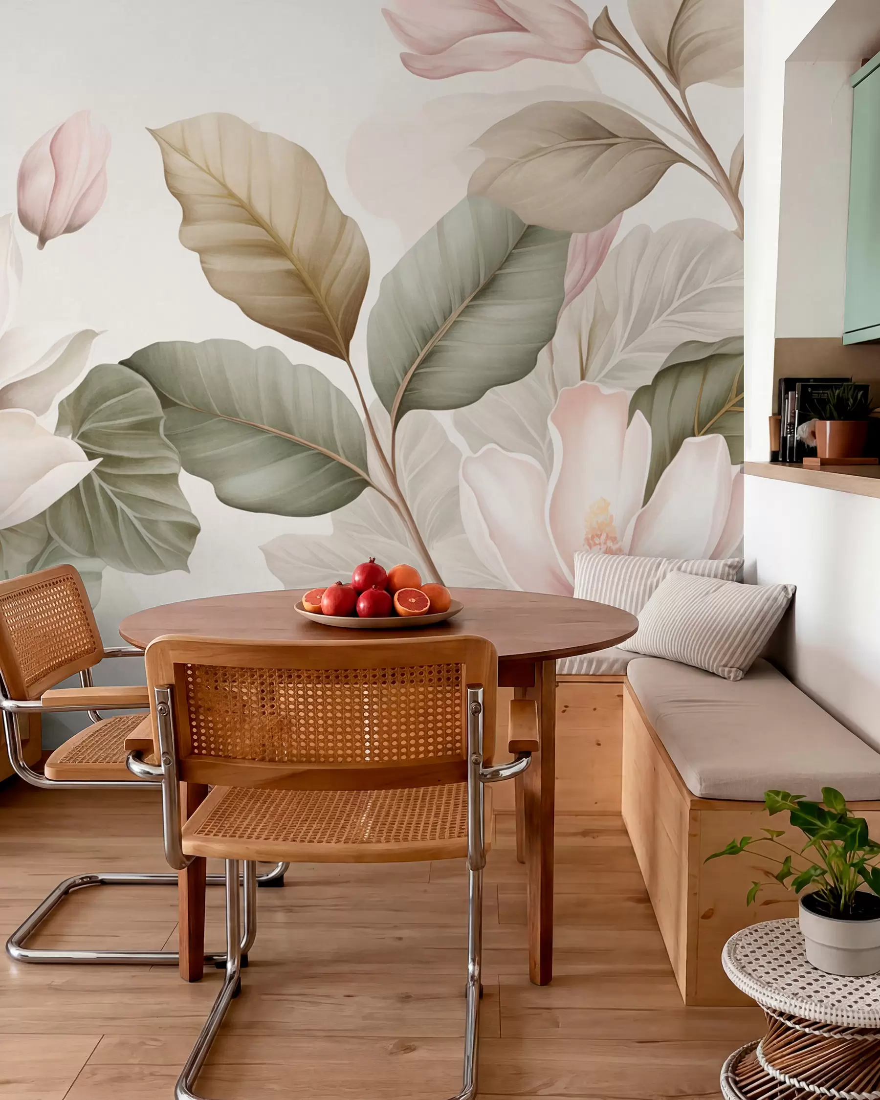 wall murals Magnolia flowers with leaves in pastel colors, white, pink and green, soft, delicate, watercolor style w09427