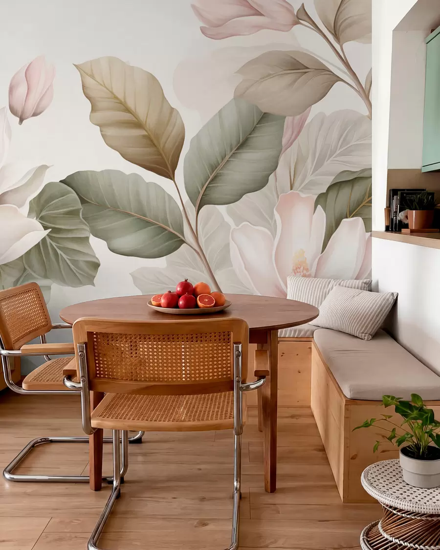 wall murals Magnolia flowers with leaves in pastel colors, white, pink and green, soft, delicate, watercolor style w09427