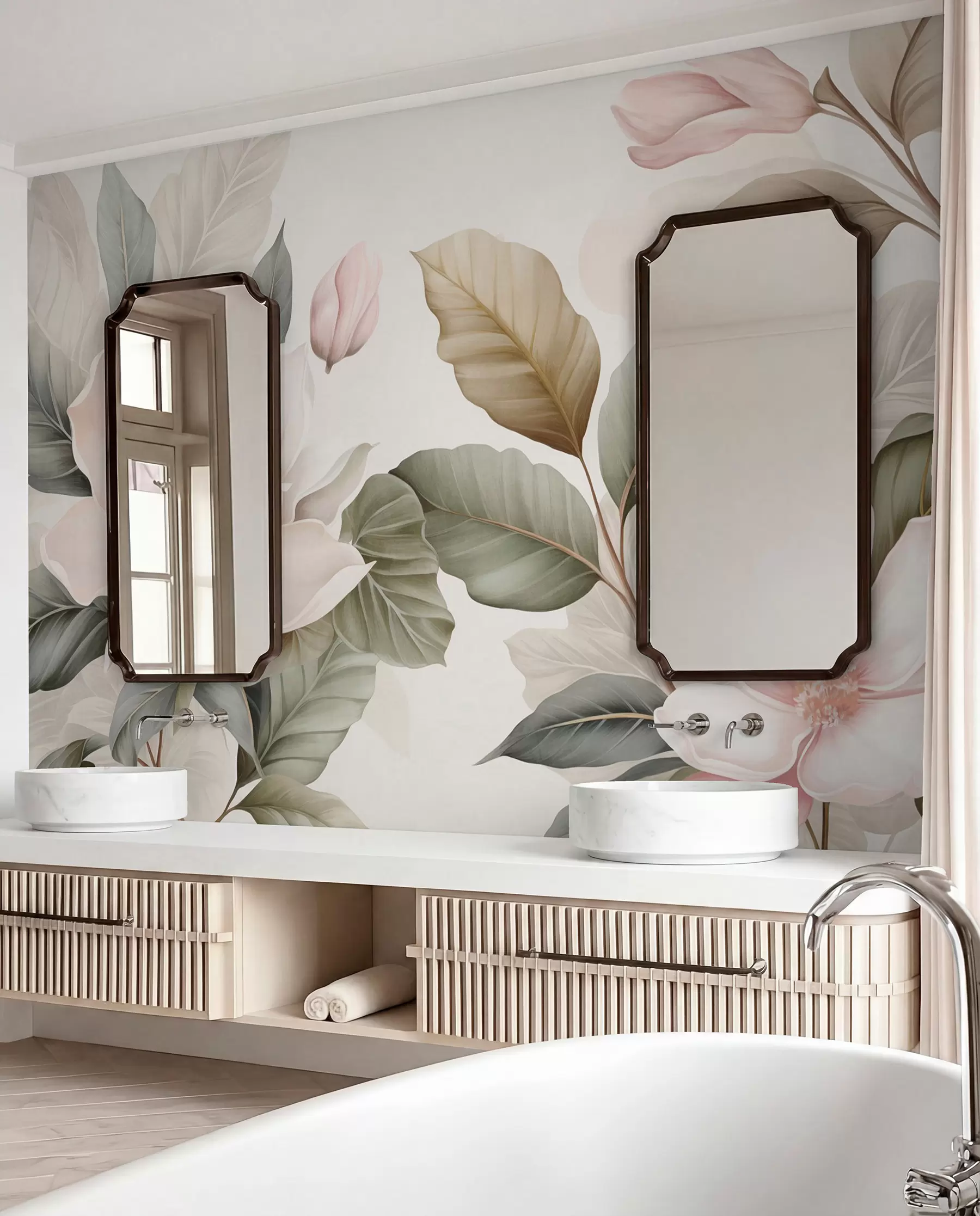 wall murals Magnolia flowers with leaves in pastel colors, white, pink and green, soft, delicate, watercolor style w09427
