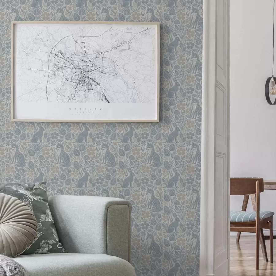 murales Animales y flores del bosque: zorro y liebre en tonos azules a00613