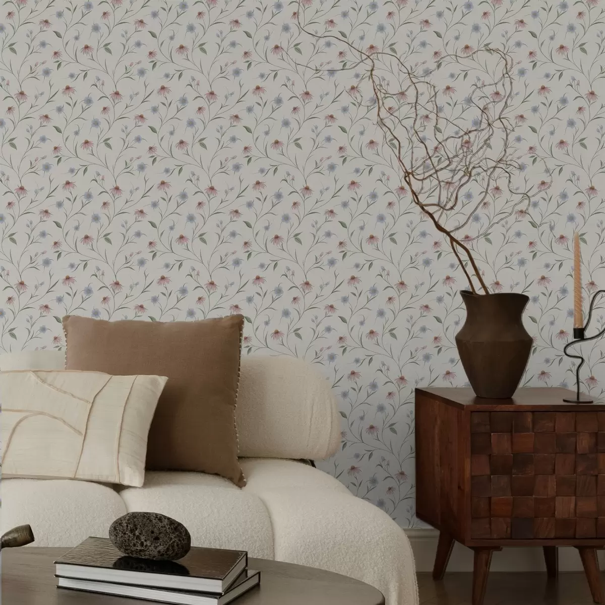 Wallpaper Field daisies and echinacea on a cream background, lightness a00614