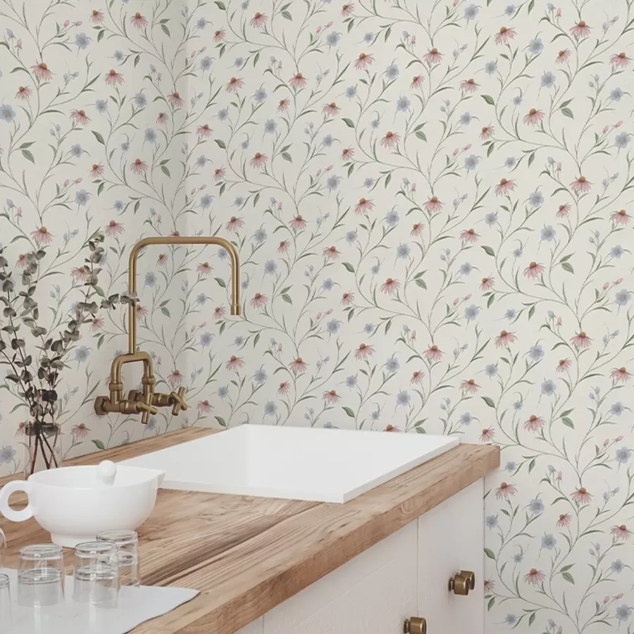 peintures murales Marguerites des champs et échinacée sur fond crème, légèreté a00614