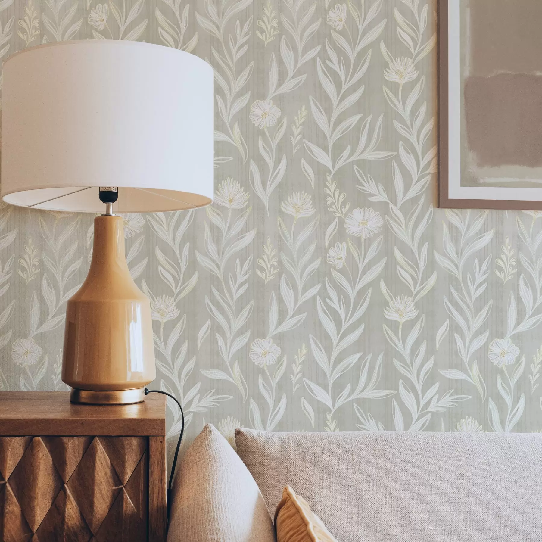 peintures murales Herbes légères et fleurs sur fond beige, lignes esquissées a00618