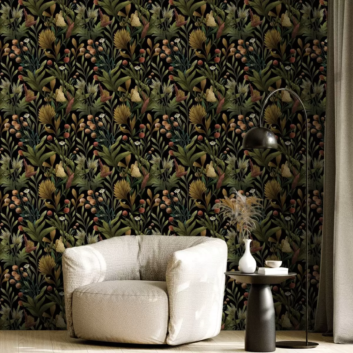 Wallpaper Botanical garden on black background, warm autumn palette a00619