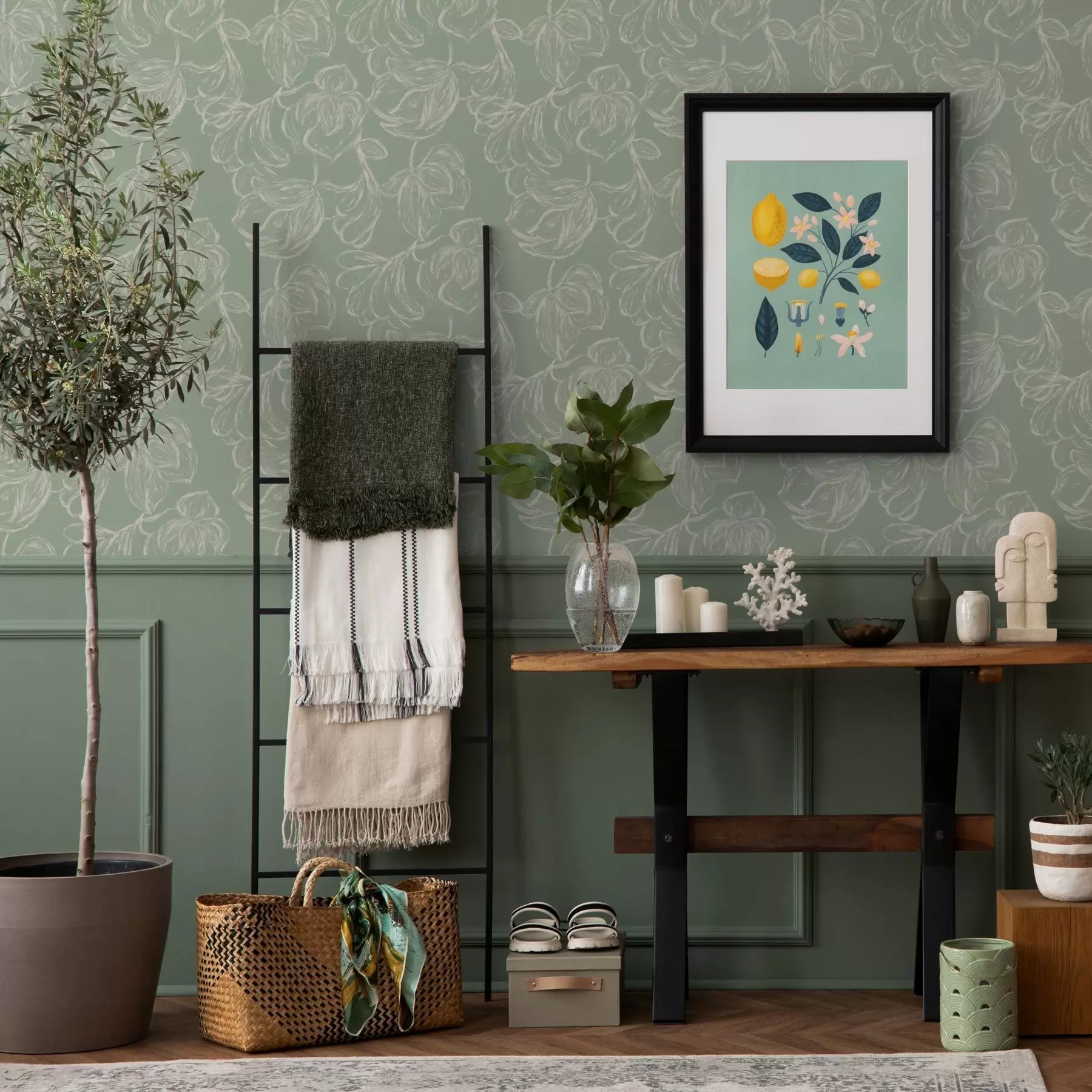 peintures murales Grandes fleurs linéaires, traits de craie sur fond sauge a00625v1