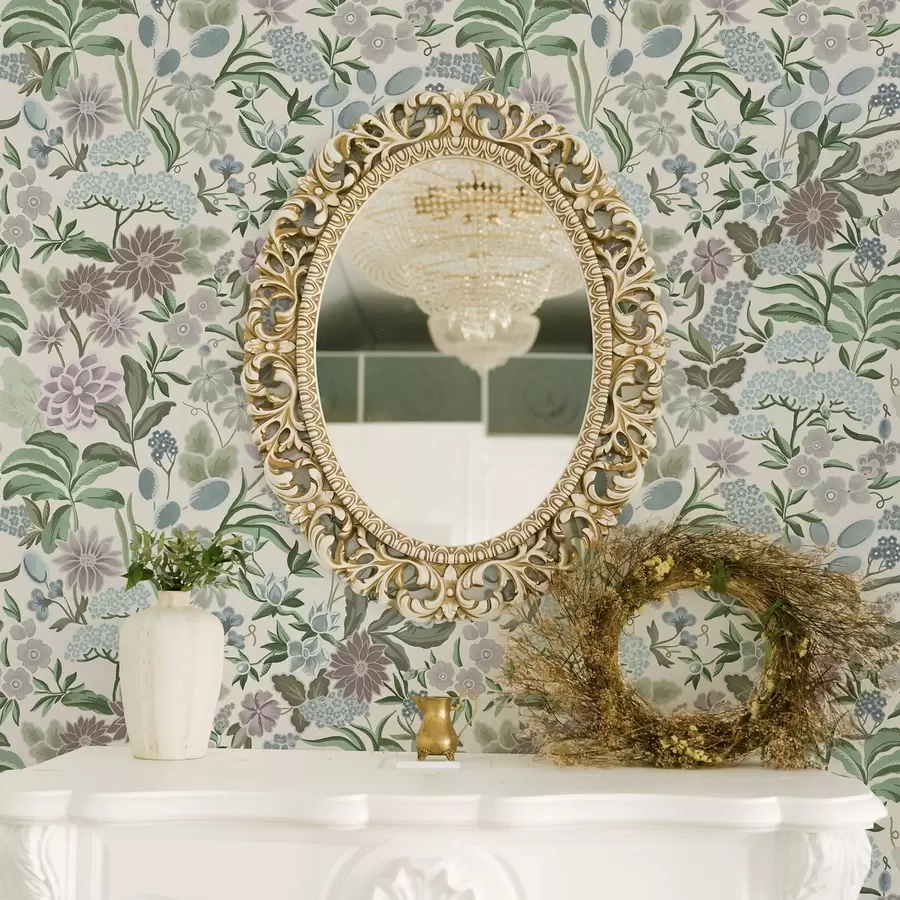 murales Flores y follaje en tonos pastel en una paleta de colores azul menta a00642