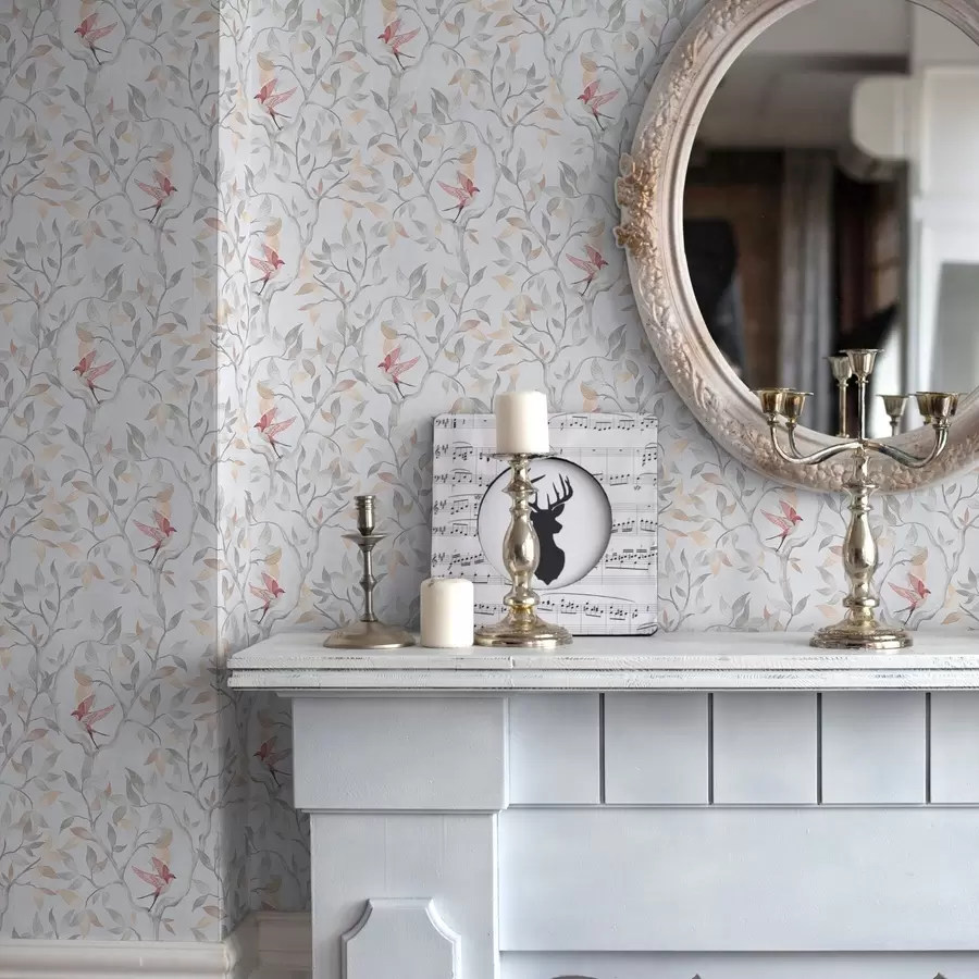 Wall Mural Photo Wallpaper Light branches with leaves and birds in peach tones a00716