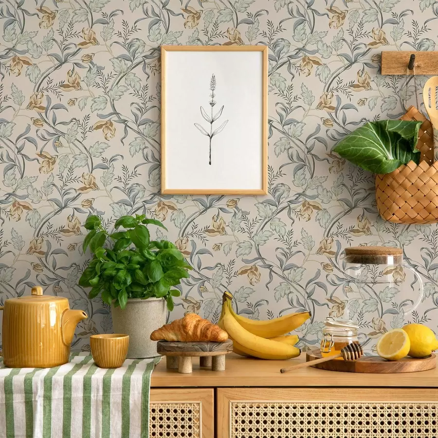 wall murals Vintage flowers with blue foliage on a cream background a00717