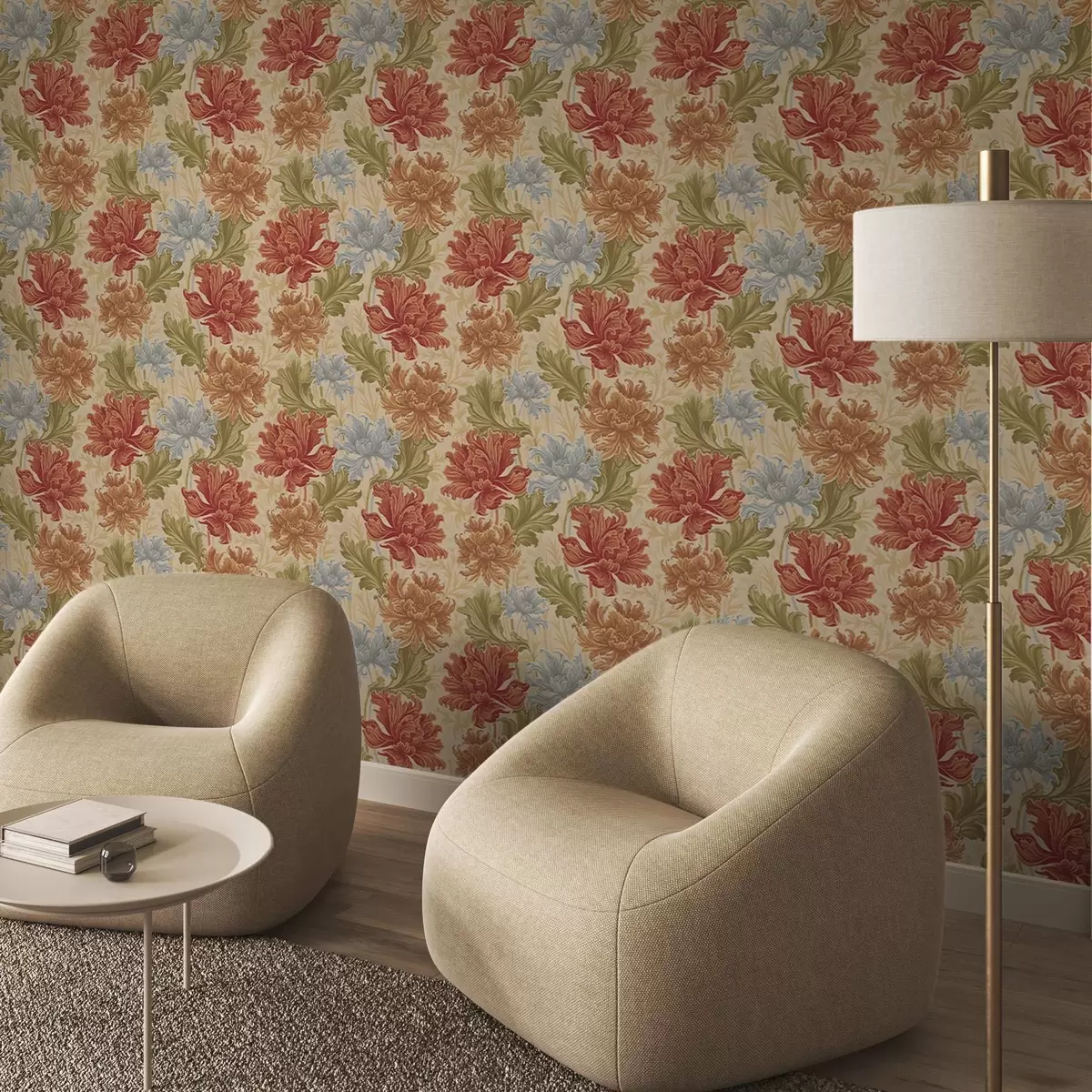 Wallpaper Large chrysanthemums in warm hues on a beige background a00743