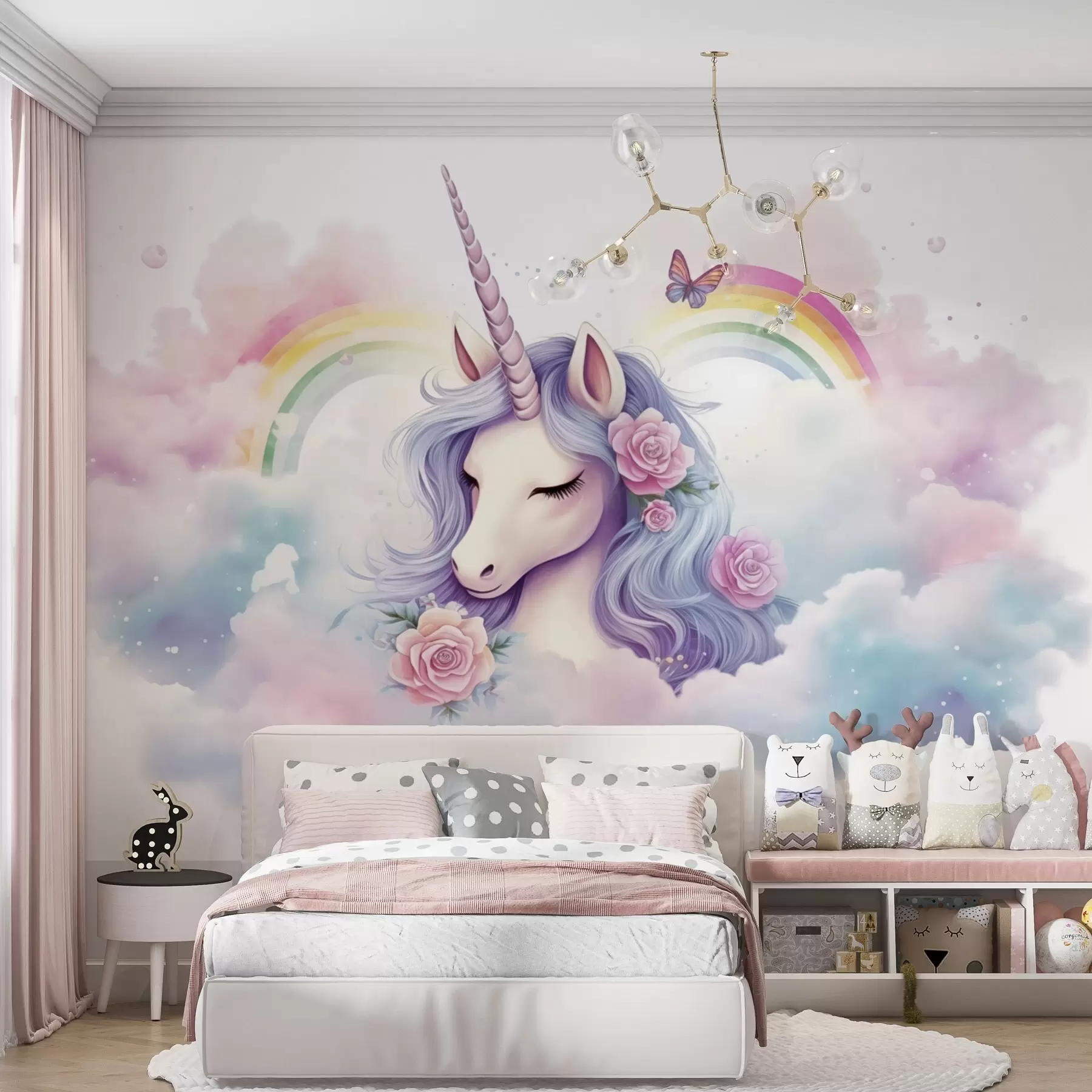 wall murals Pastel unicorn in clouds with rainbow and roses w03990