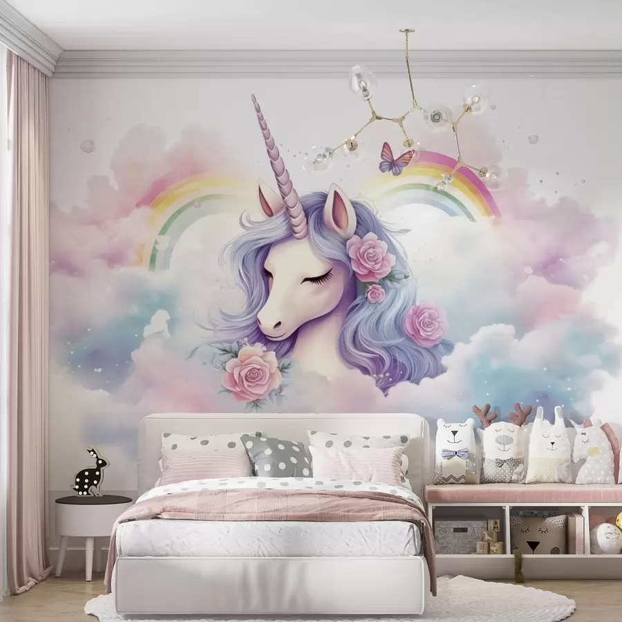 peintures murales Licorne pastel dans les nuages avec arc-en-ciel et roses w03990
