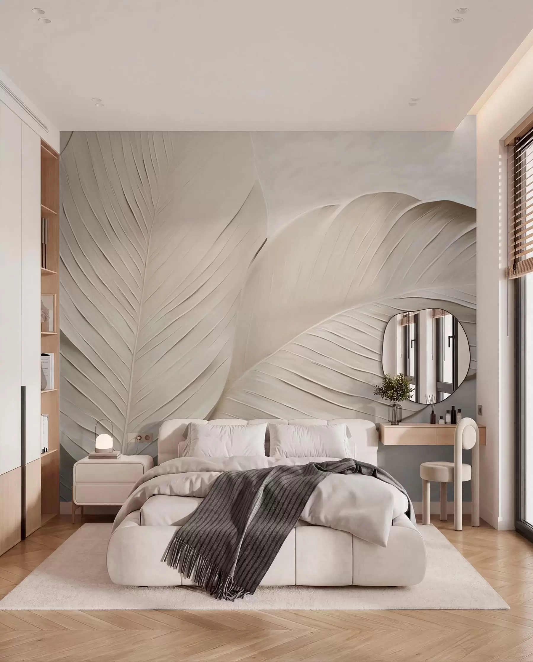 peintures murales Feuilles beiges en relief avec des ombres douces w04614