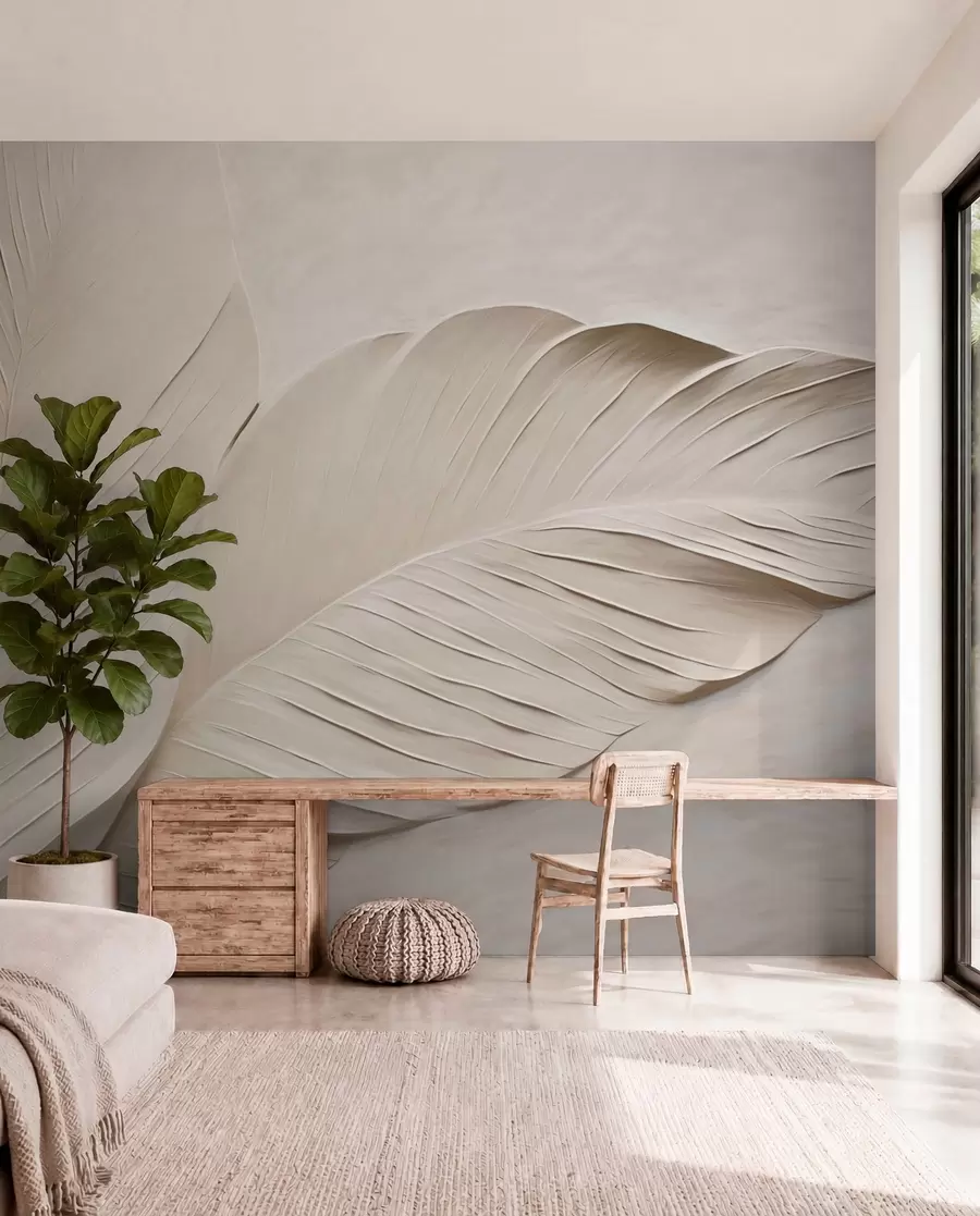 peintures murales Feuilles beiges en relief avec des ombres douces w04614