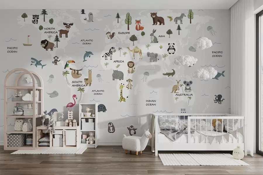 Wall Mural Photo Wallpaper World map with animals w04663
