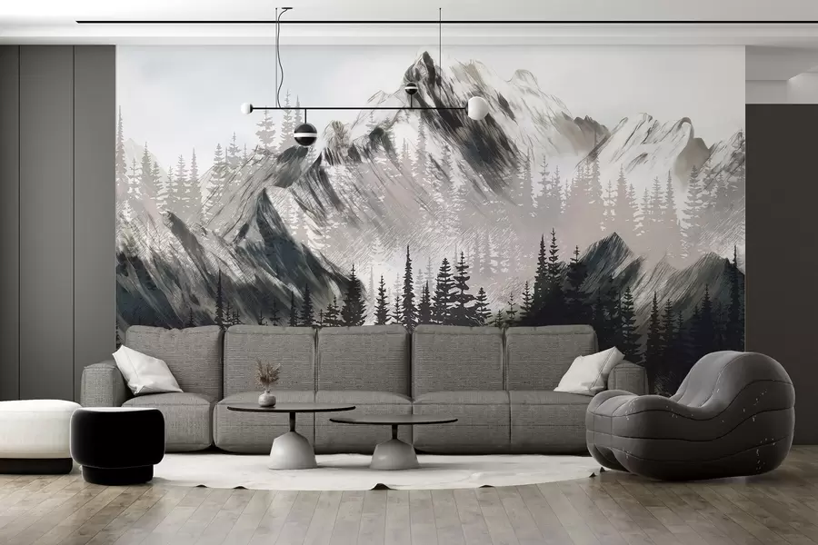 peintures murales Montagnes et forêt de conifères w04666