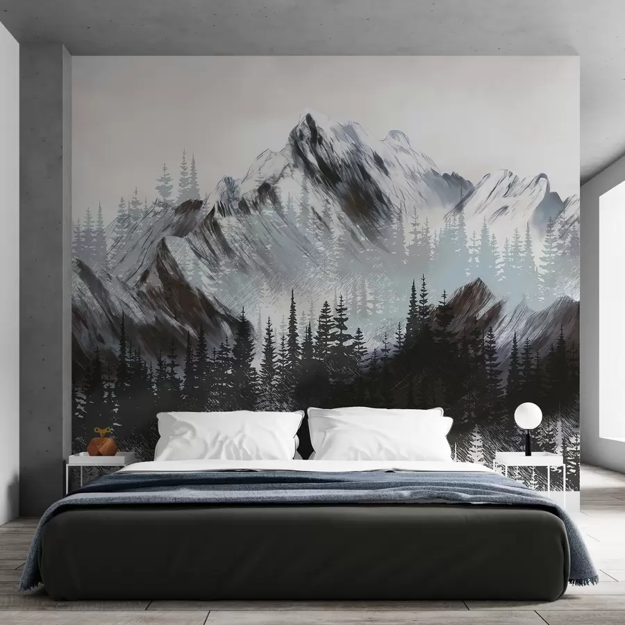 murales Montañas y bosques de coníferas w04666v1