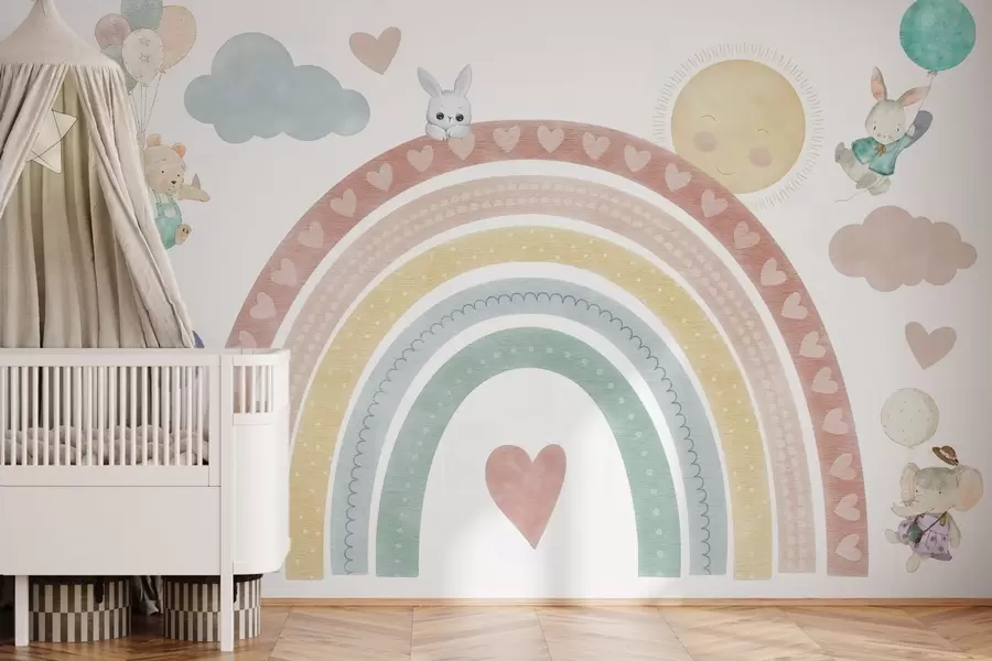 wall murals Pastel rainbow with hearts, animals and balloons w04681
