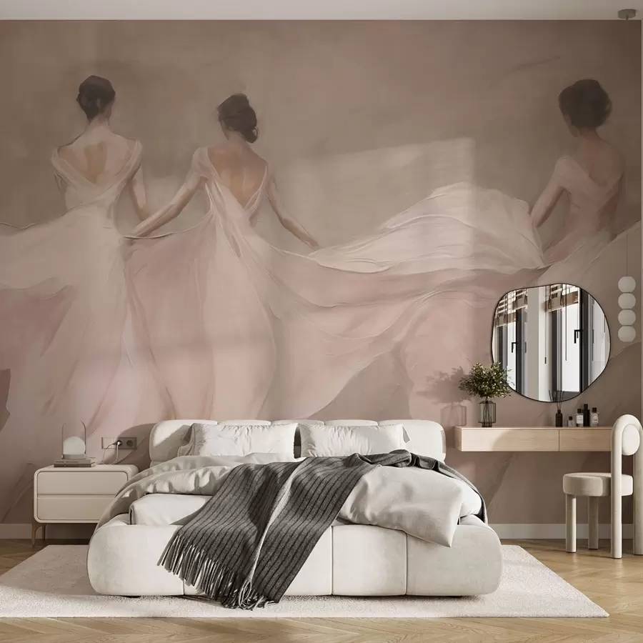 wall murals Three women in pink dresses, flowing fabric, softness w04709