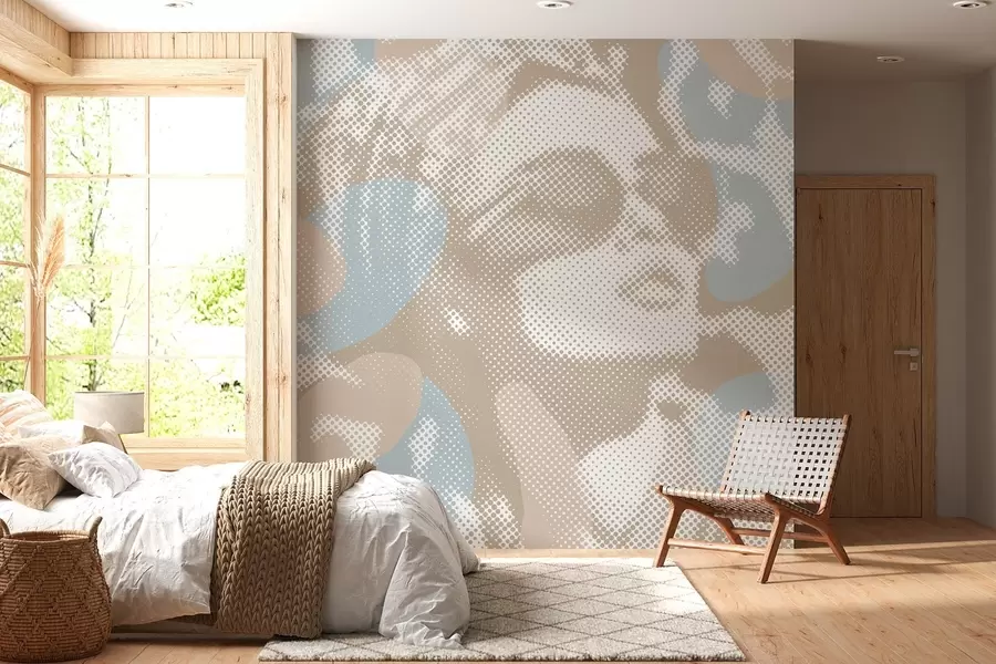 Wall Mural Photo Wallpaper portrait of a woman on a leopard background in a dotted style in beige and blue tones w04630