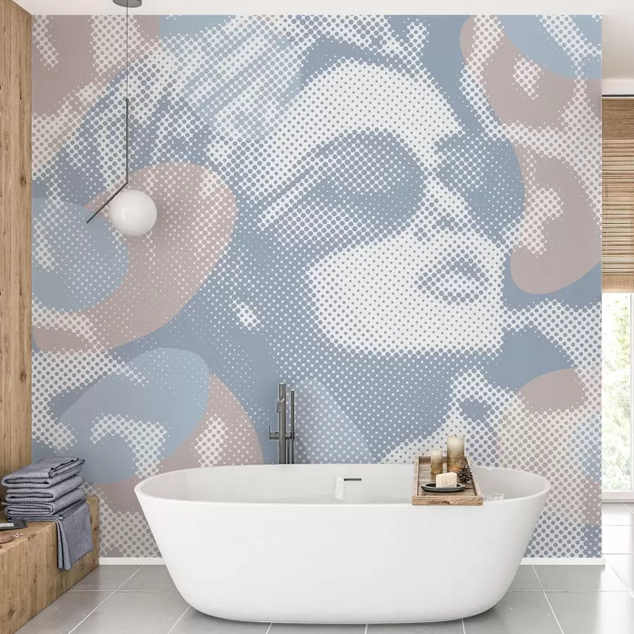 Wall Mural Photo Wallpaper portrait of a woman on a leopard background in a dotted style in blue tones w04630v1