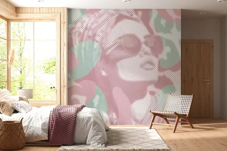 Wall Mural Photo Wallpaper portrait of a woman on a leopard background in a dotted style in pink and green tones w04630v2