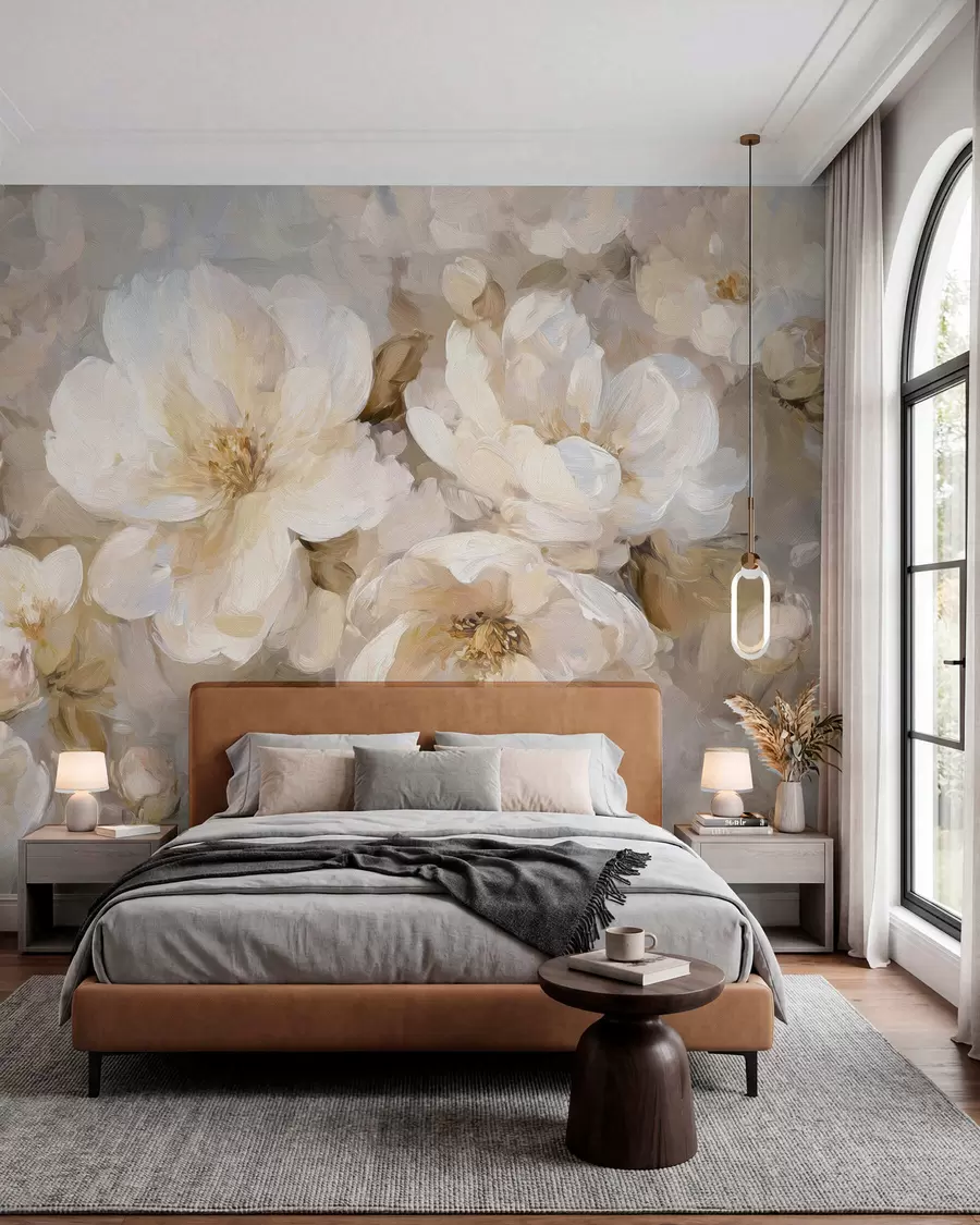 peintures murales grandes fleurs dans les tons blancs et beiges dans le style de la peinture à l'huile w04633