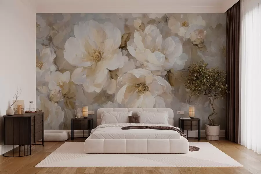 murales flores grandes en tonos blancos y beige al estilo de la pintura al óleo w04633