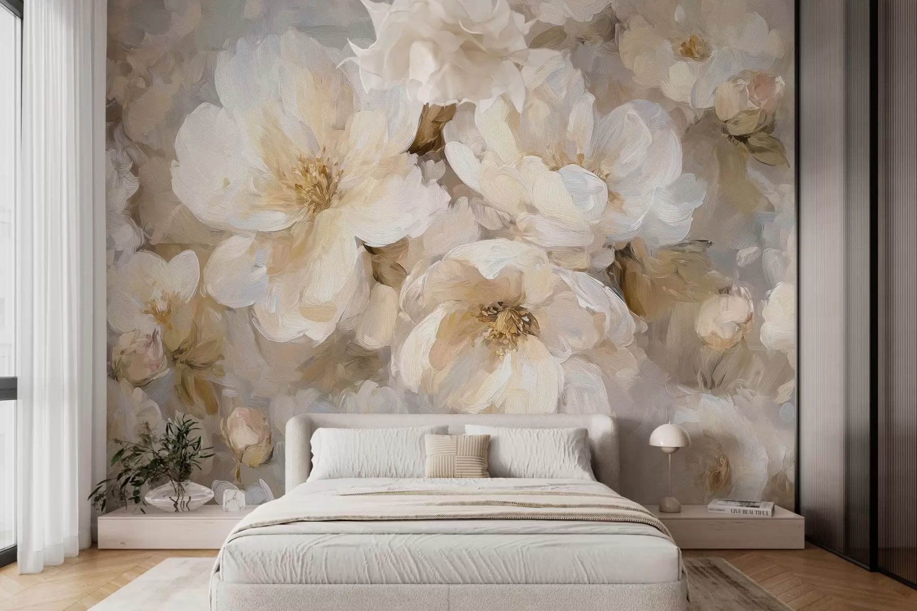 murales flores grandes en tonos blancos y beige al estilo de la pintura al óleo w04633