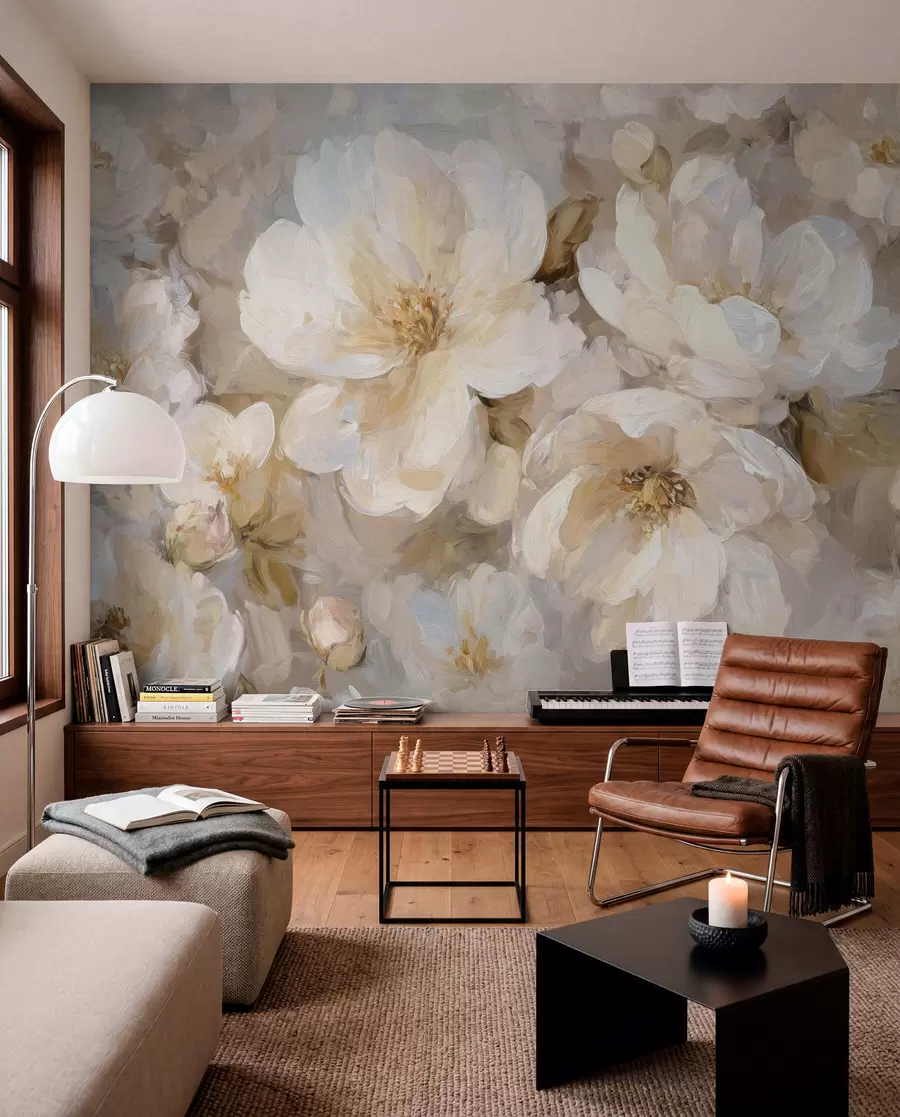 Wall Mural Photo Wallpaper large flowers in white and beige tones in the style of oil painting w04633