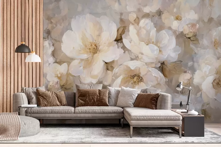 murales flores grandes en tonos blancos y beige al estilo de la pintura al óleo w04633