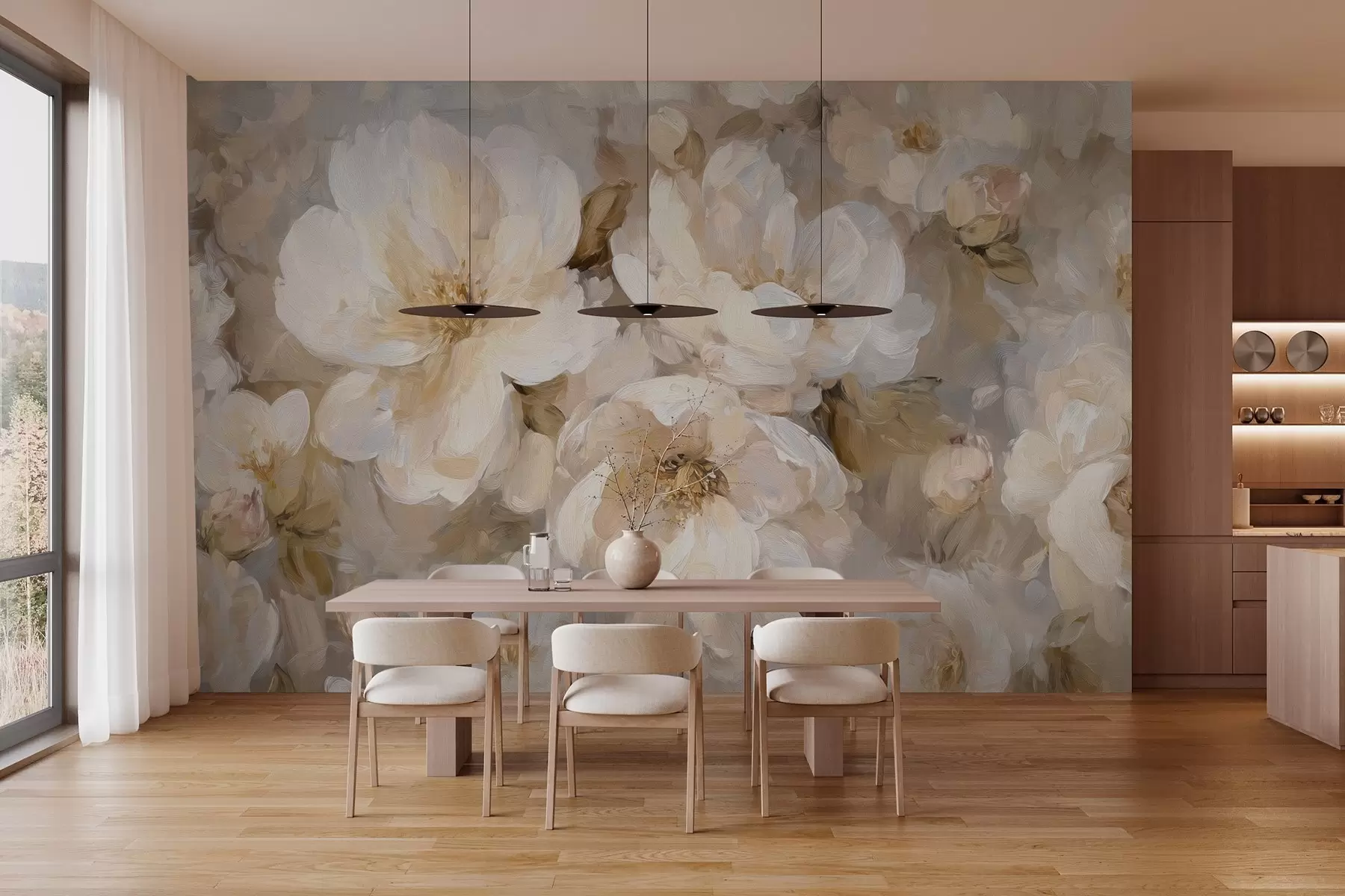 Wall Mural Photo Wallpaper large flowers in white and beige tones in the style of oil painting w04633