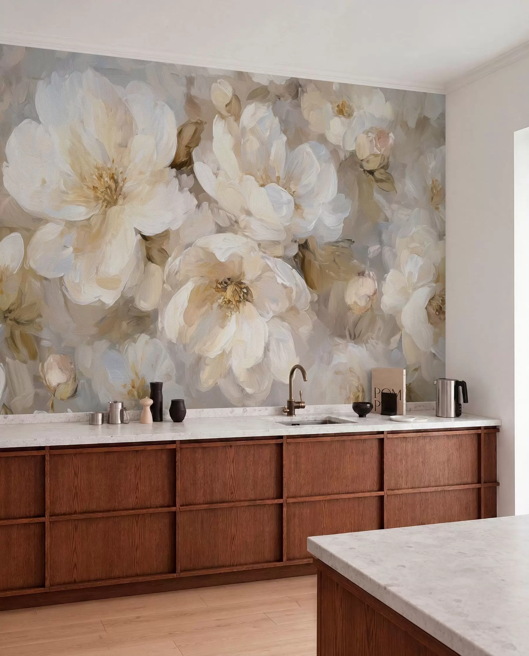 murales flores grandes en tonos blancos y beige al estilo de la pintura al óleo w04633