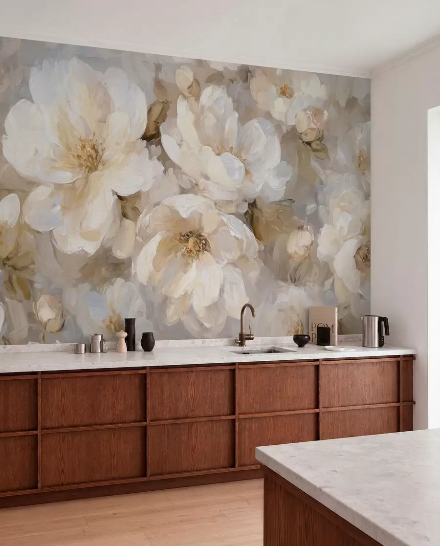 wall murals large flowers in white and beige tones in the style of oil painting w04633