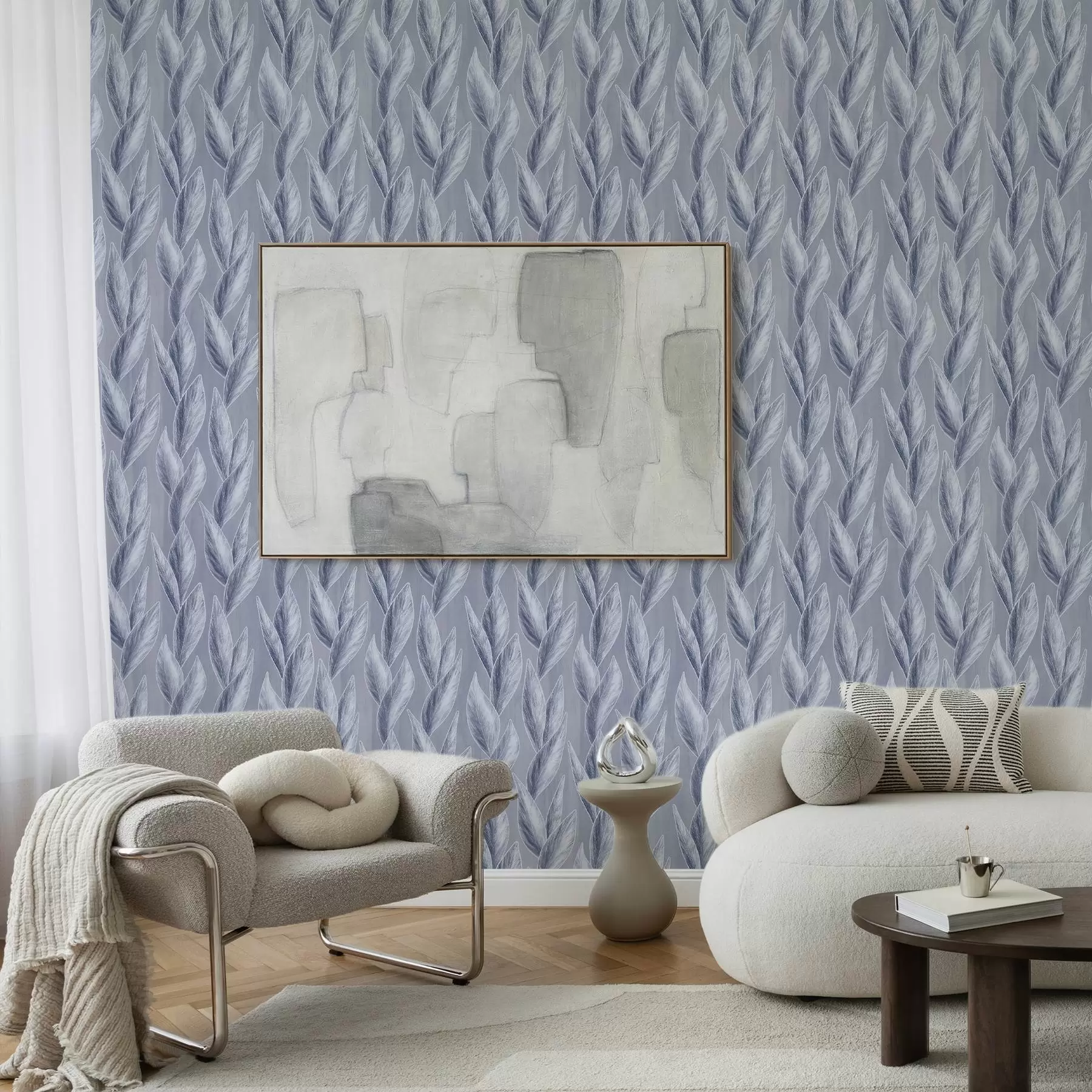 Wall Mural Photo Wallpaper Silvery-blue leaves on a gray-blue background, graphic pattern a00627