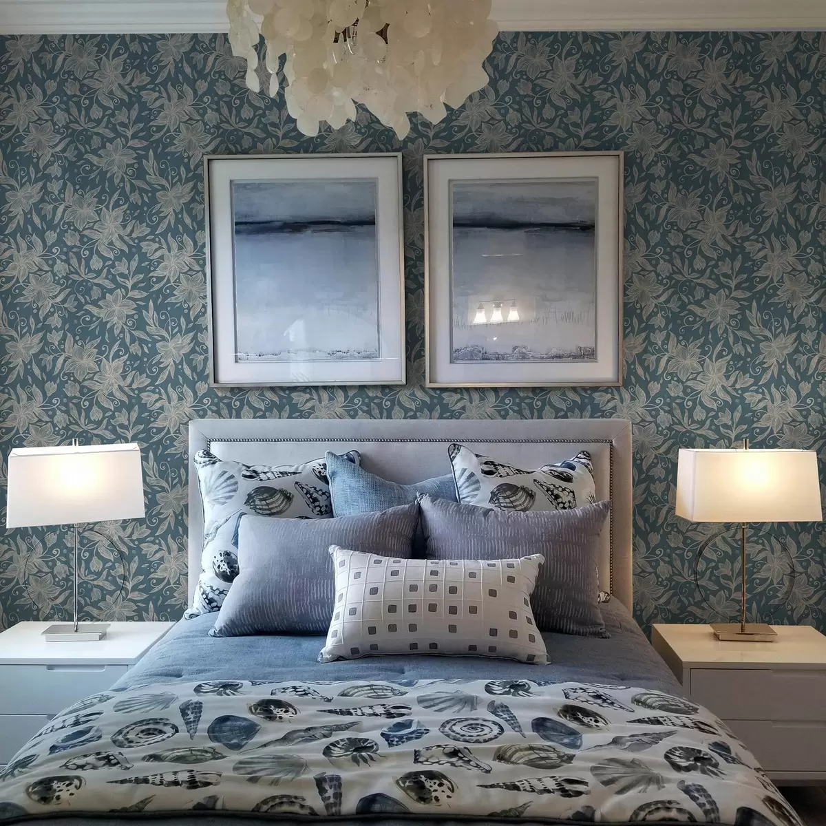 Wallpaper Cream linear flowers on a blue background, delicate scrolls a00630