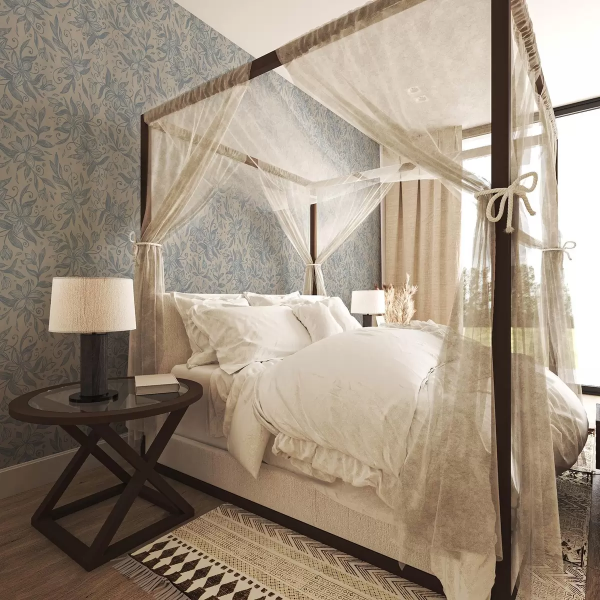 Wallpaper Blue linear floral pattern on warm beige a00630v2