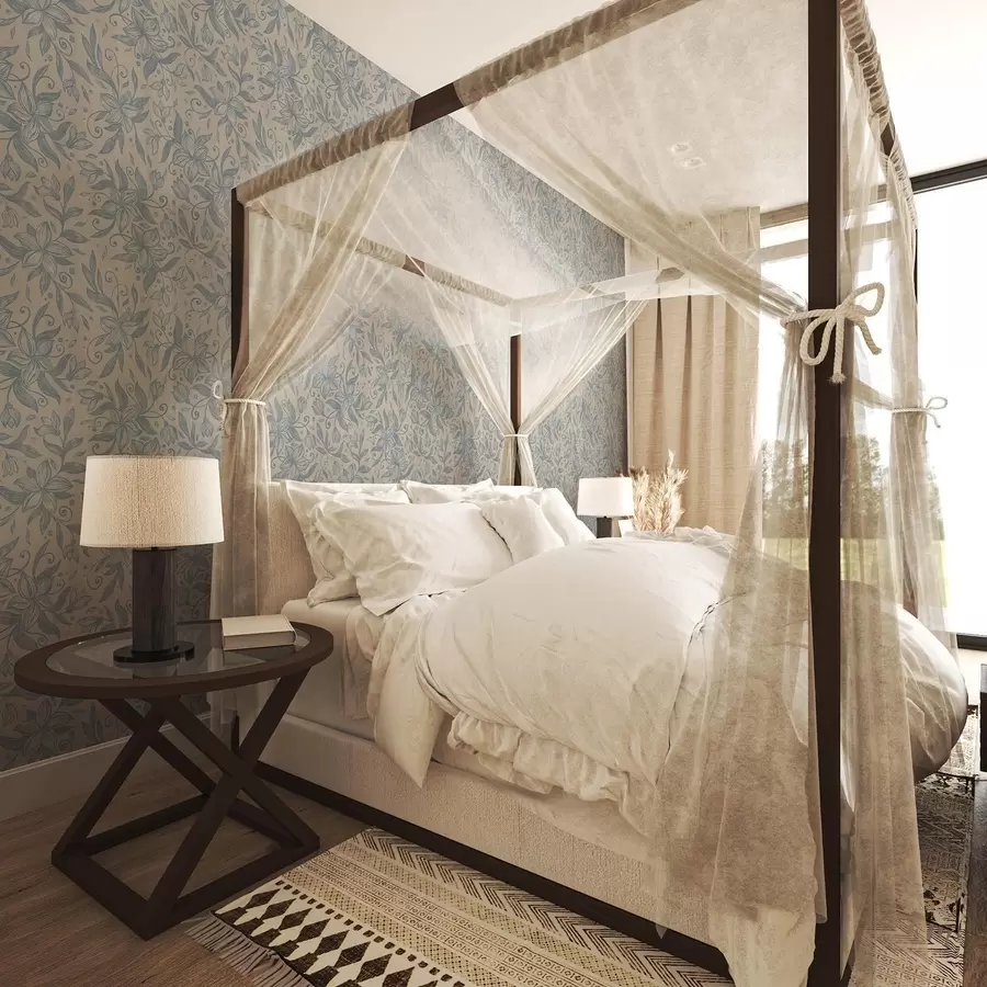 murales Estampado floral lineal azul sobre fondo beige cálido a00630v2