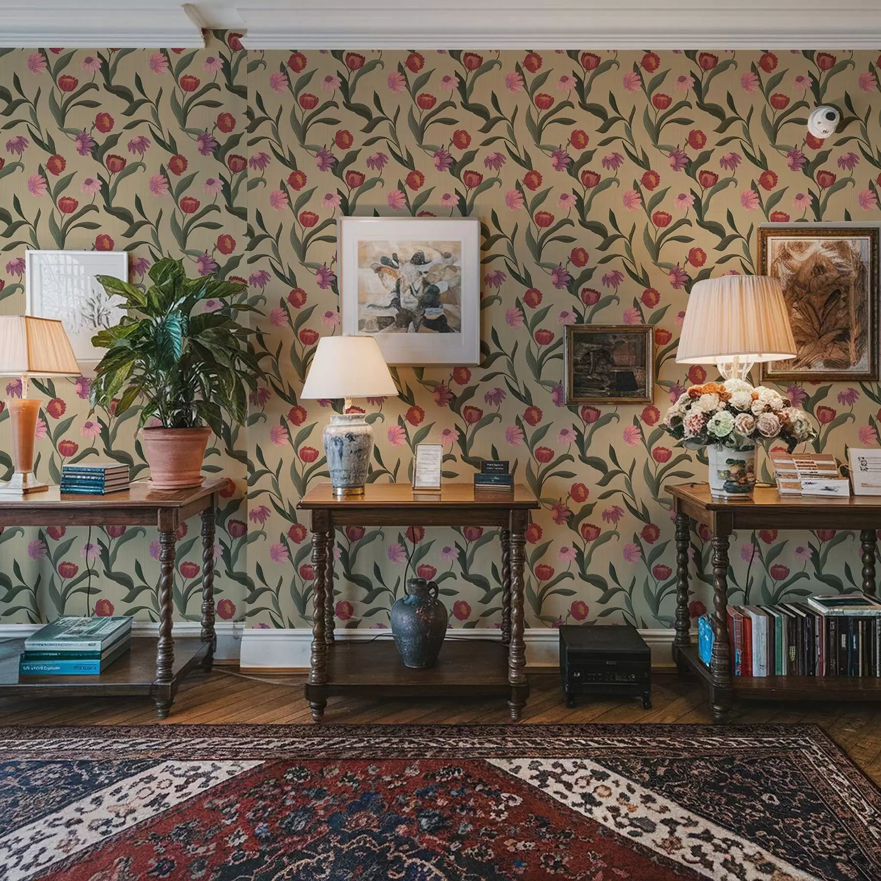 murales Flores de color rosa rojizo sobre fondo beige, textura dibujada a mano a00631