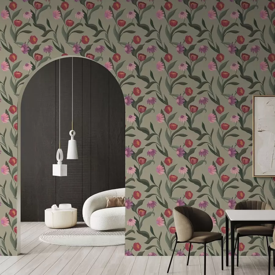 murales Flores de color rosa rojizo sobre fondo oliva, textura de lienzo a00631v1