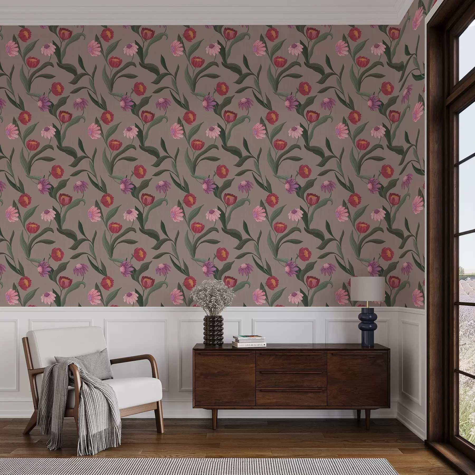 peintures murales Fleurs rose-rouge sur fond taupe, longues tiges a00631v2
