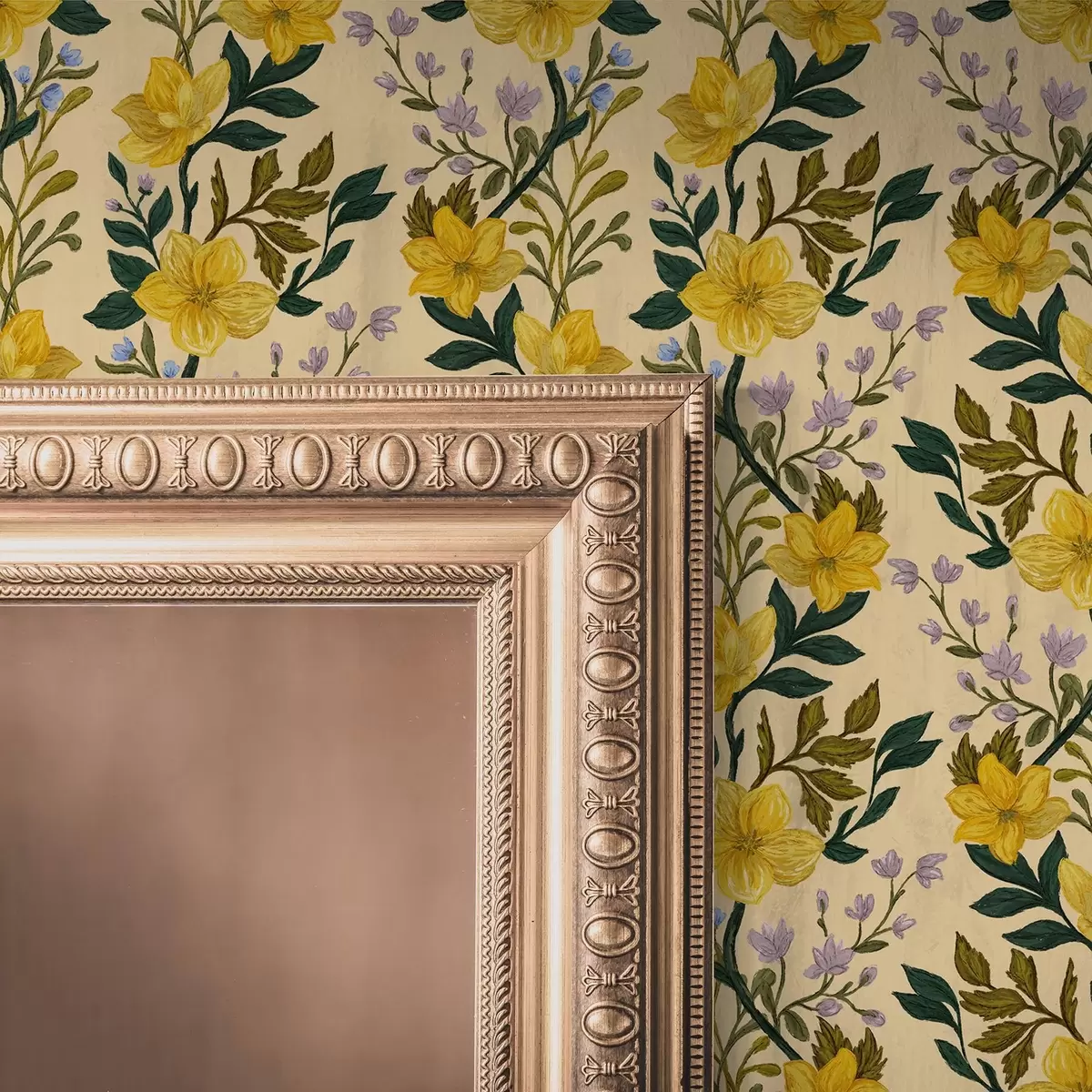 Papier peint Fleurs jaunes disposées en guirlandes verticales sur fond crème a00632