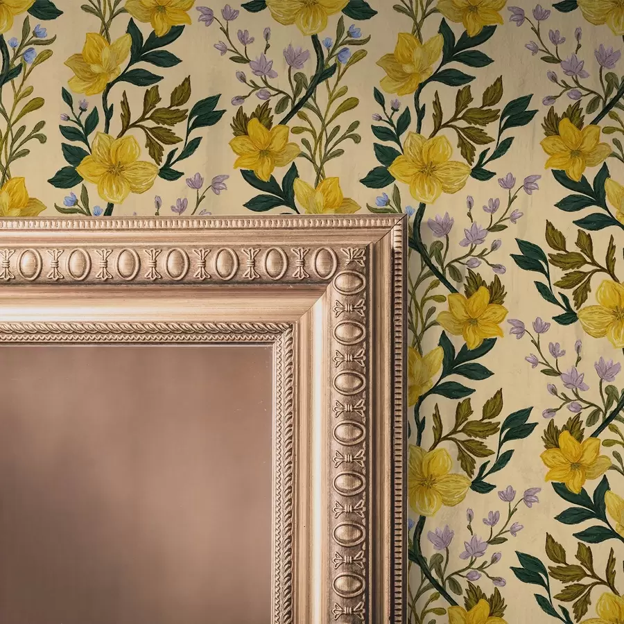 murales Flores amarillas en guirnaldas verticales sobre fondo crema a00632