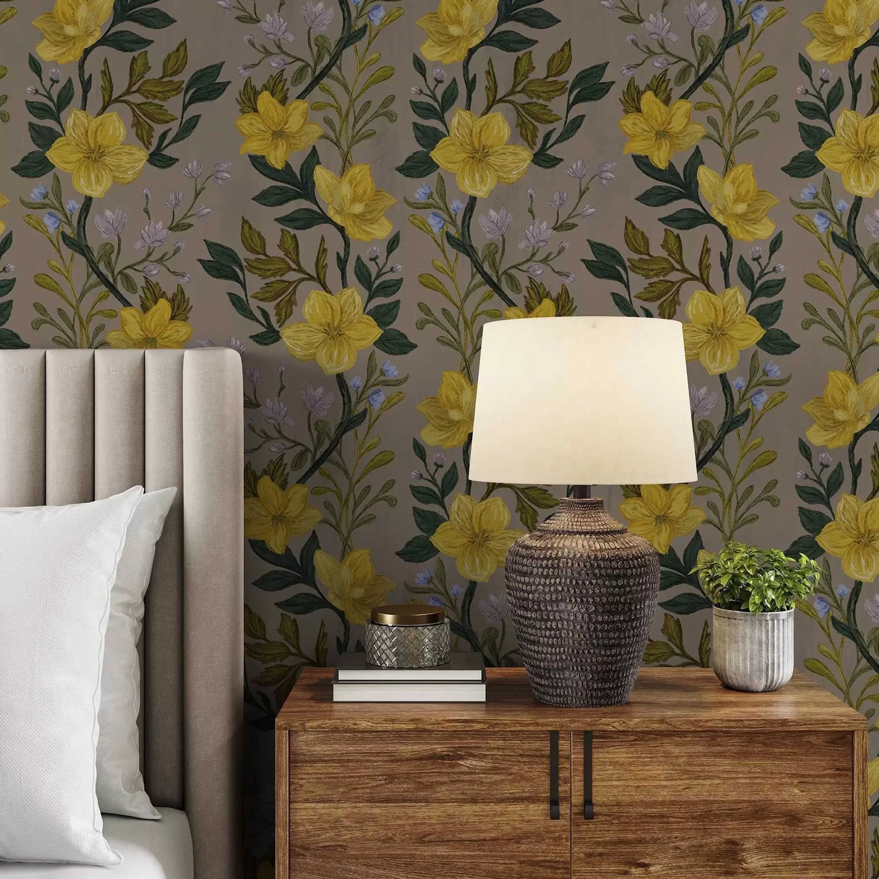 Wall Mural Photo Wallpaper Yellow flowers in vertical garlands on a taupe background a00632v1