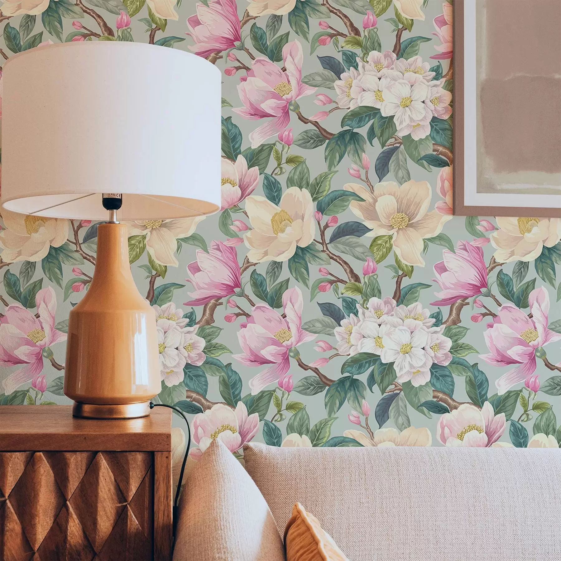 peintures murales Magnolias et fleurs blanches sur fond gris menthe a00644