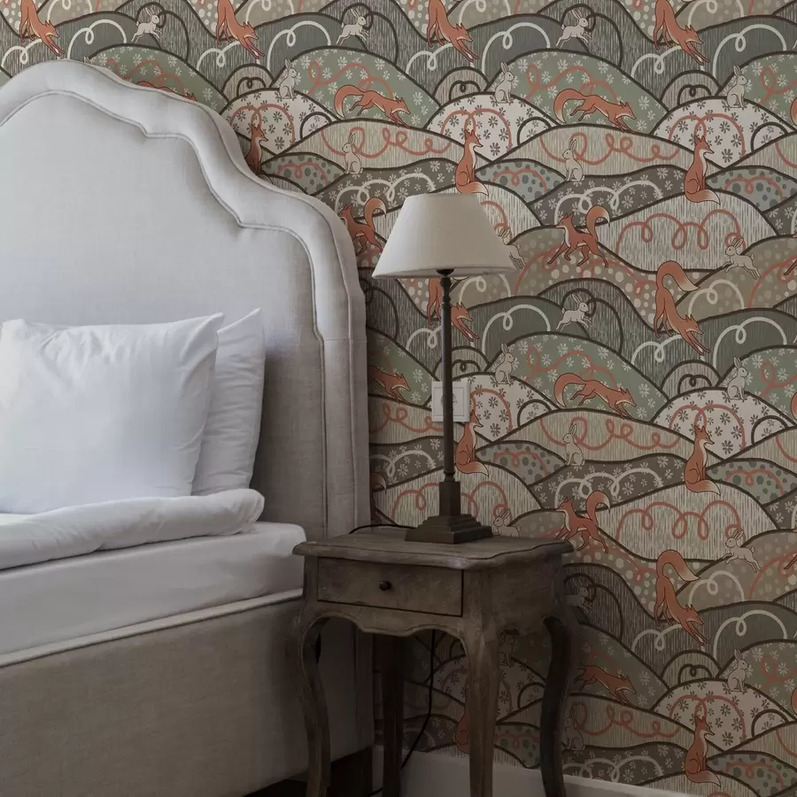 wall murals Foxes and hares on wavy hills, retro pattern a00690