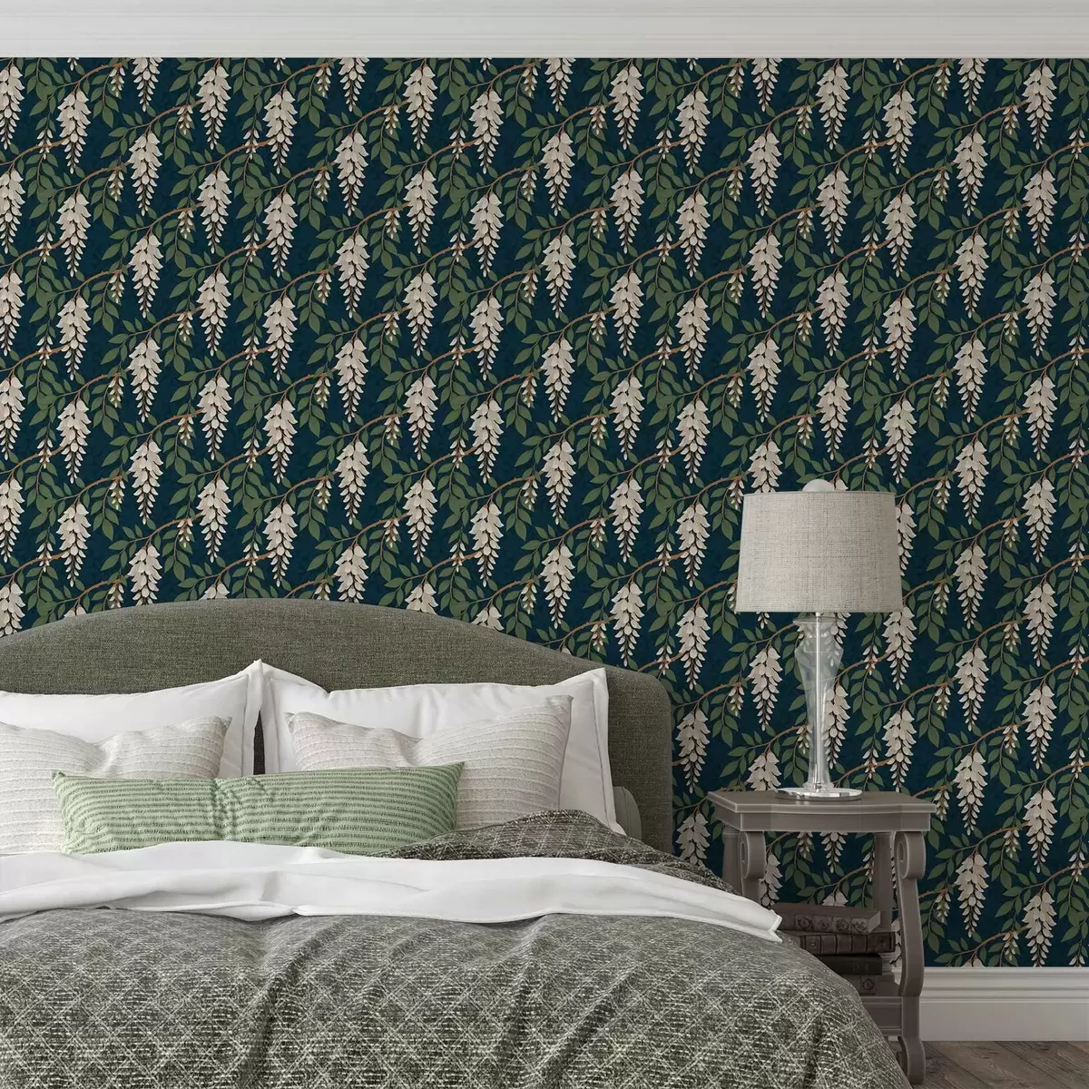 Papel pintado Glicinia marfil sobre fondo verde azulado intenso a00694v1