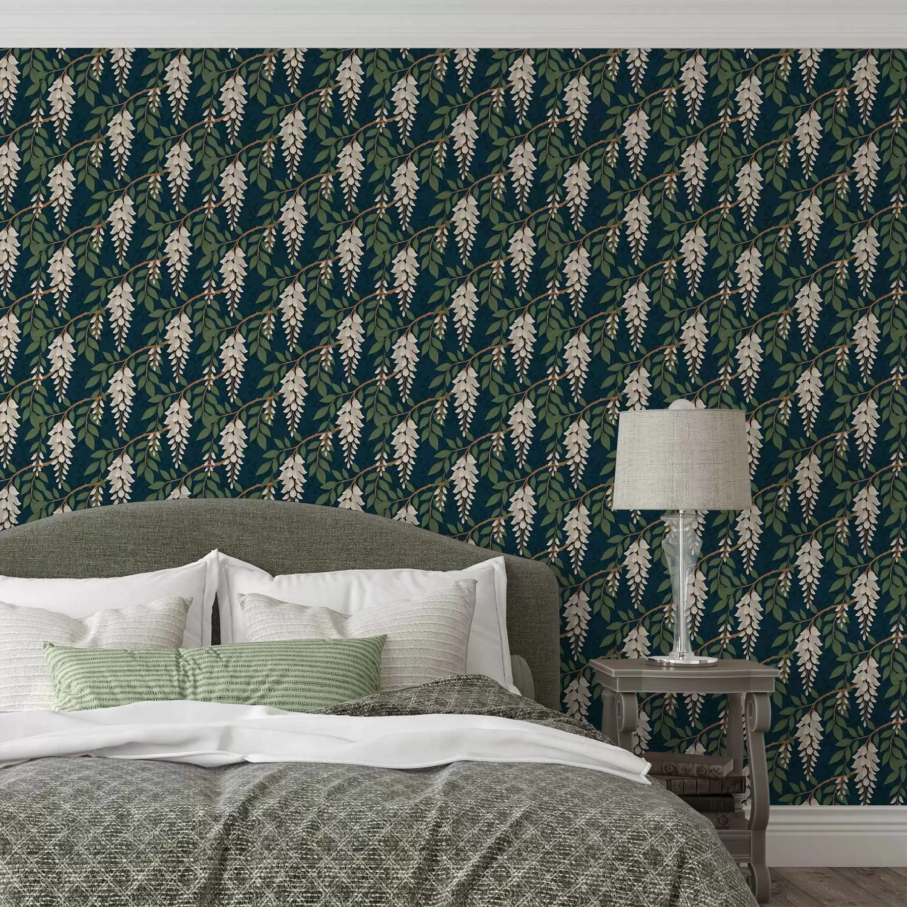 Wall Mural Photo Wallpaper Ivory wisteria on a deep teal background a00694v1