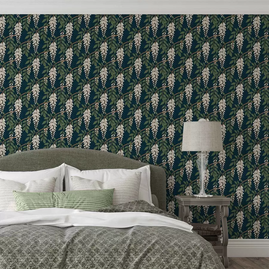 murales Glicinia marfil sobre fondo verde azulado intenso a00694v1