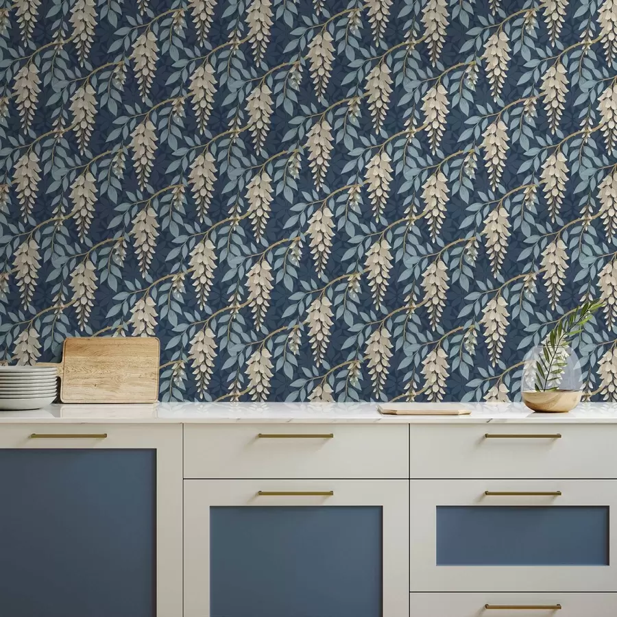 murales Glicinia con hojas azules sobre fondo azul oscuro a00694v2